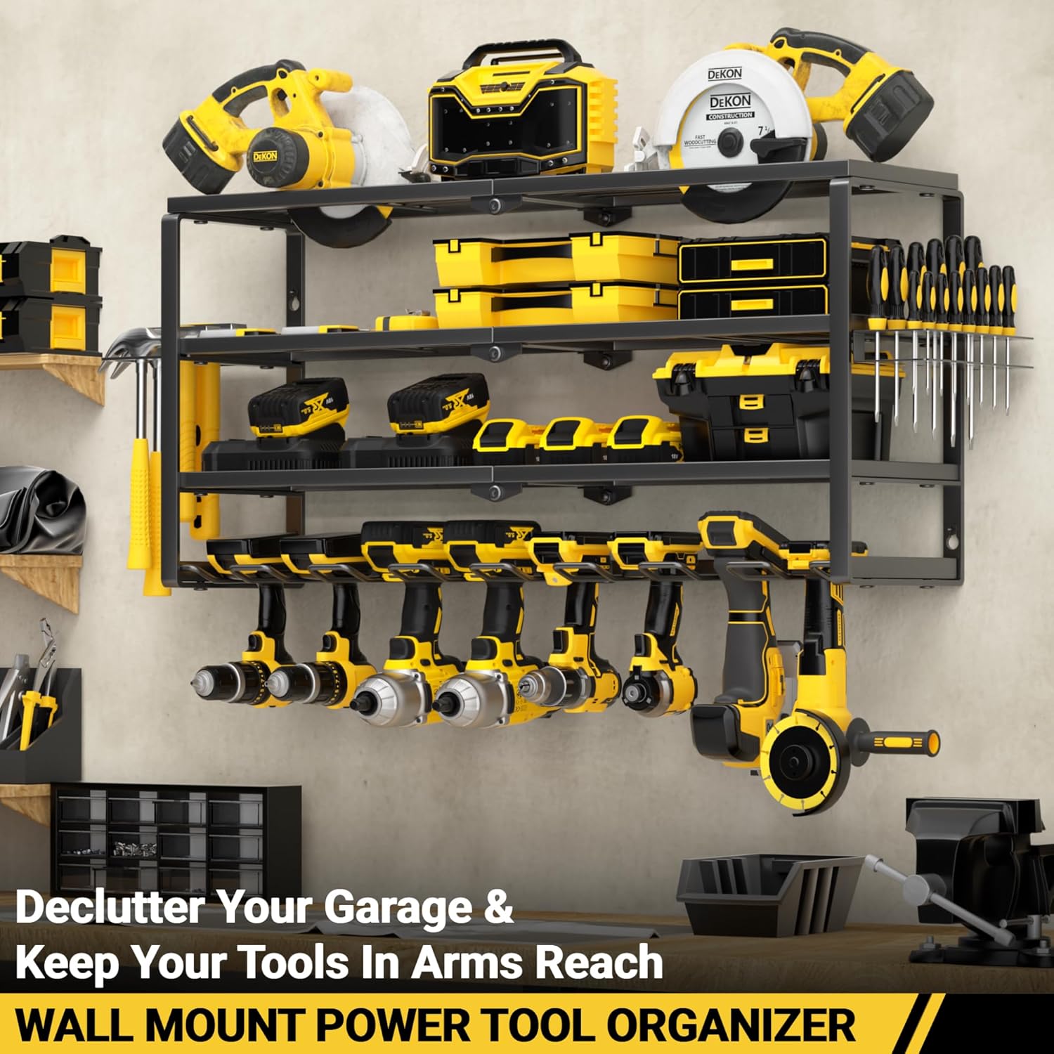 YYR Power Tool Organizer - 4 Layer Wall Mount Storage Rack with Charging Station | 32 Inch, 8 Slots for Garage & Workshop