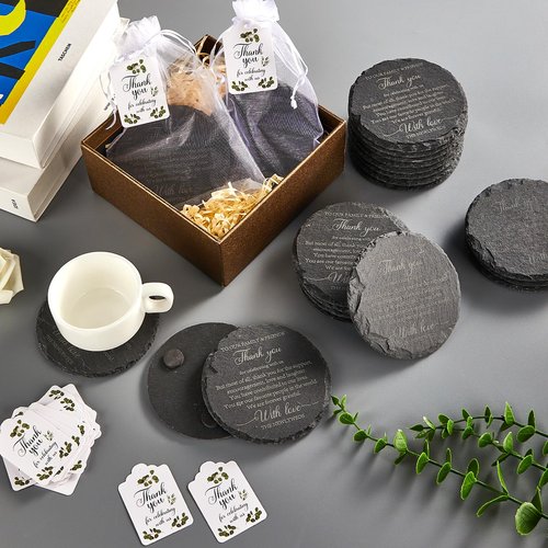 50 Packs Wedding Favors for Guests Slate Coasters Bulk Wedding Party Guest Gifts Black Stone Coaster with Thank You Tags and Organza Bags Newlyweds Bridal Shower Party Supplies Guests Souvenirs