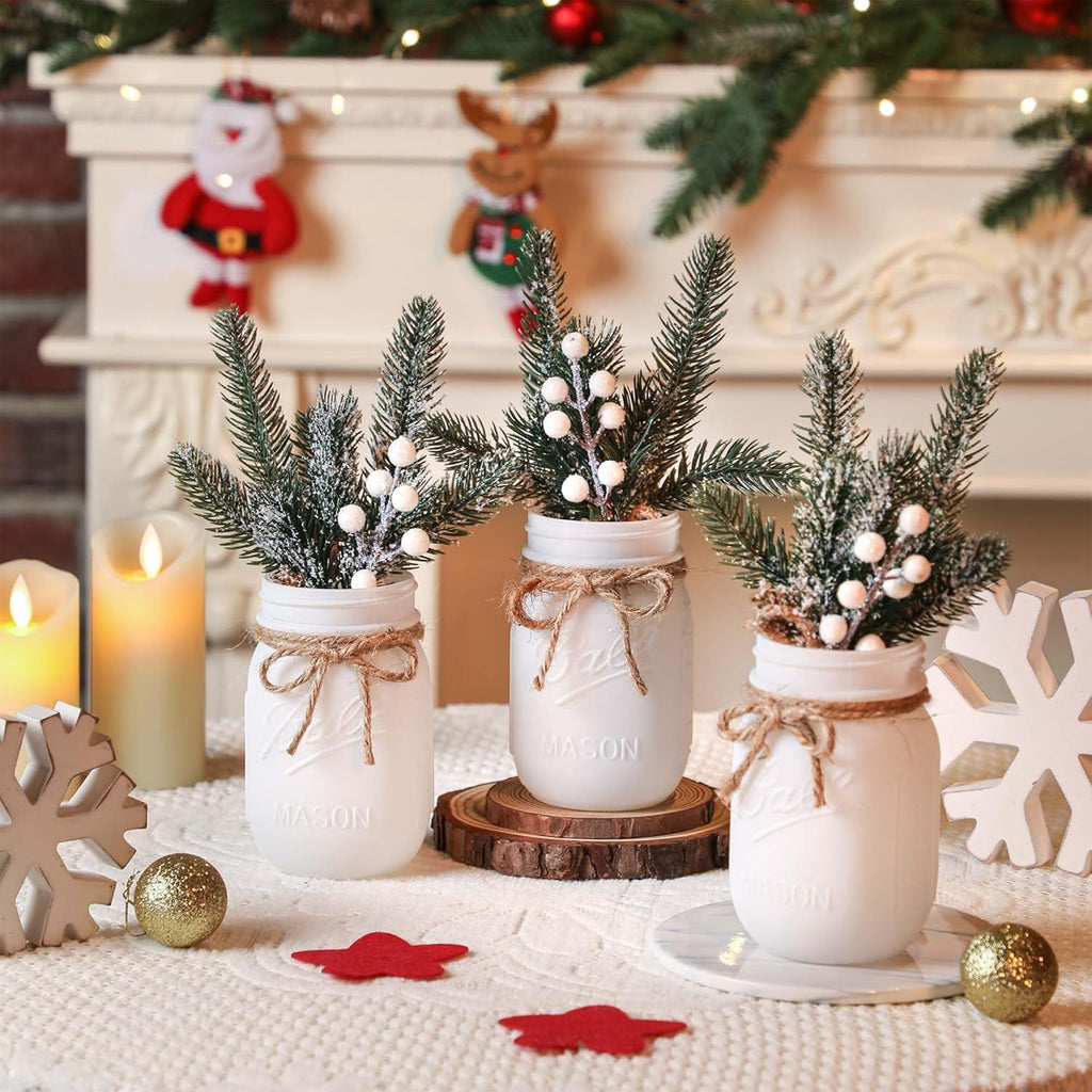 Supreme Lights Christmas Mason Jars - Winter White Decorative Centerpieces for Home Table Decor | Set of 3 with Wood Tray