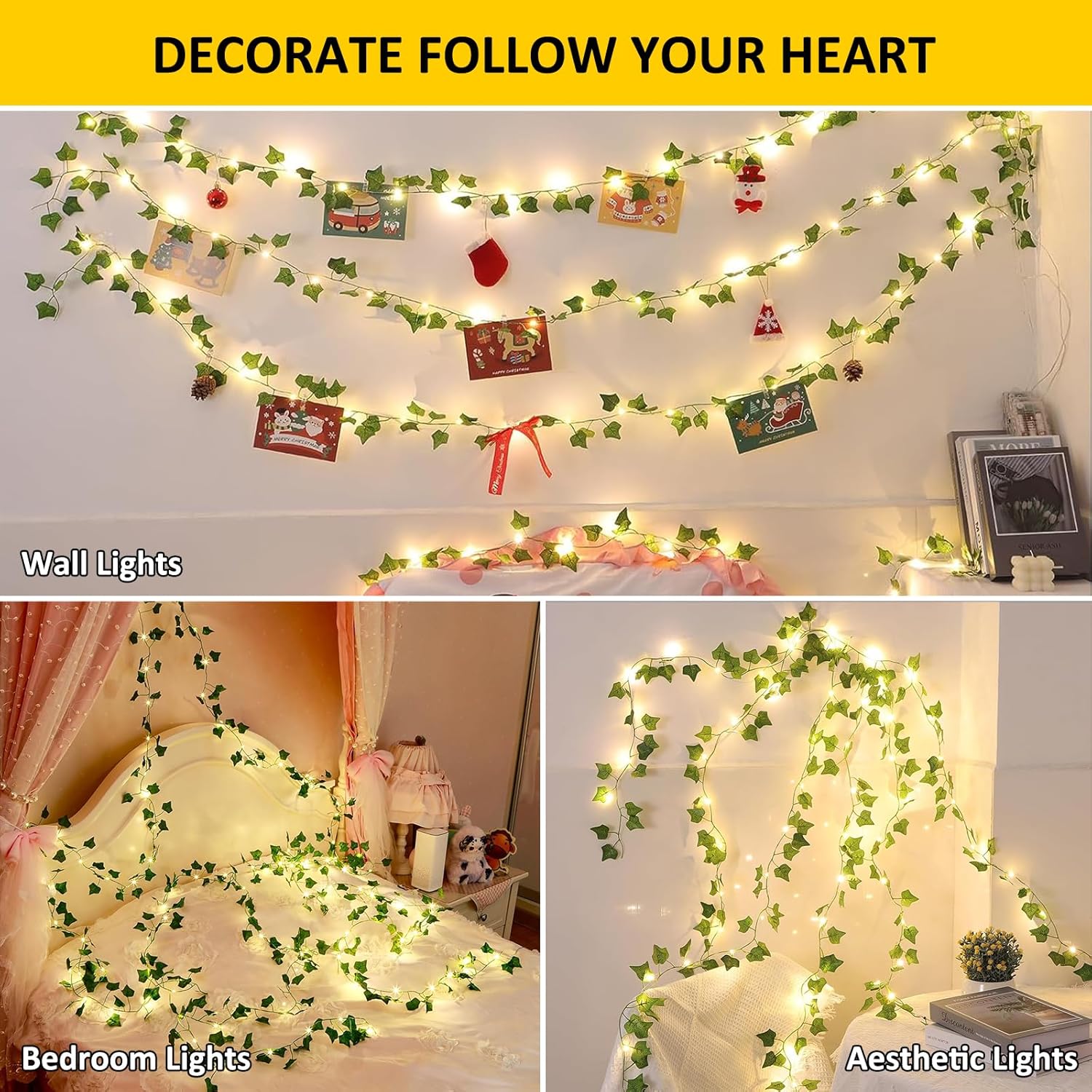Skiennix Ivy String Lights - 33Ft Battery Operated 100 LED Fairy Lights with Remote | Warm White for Bedroom & Garden Decor