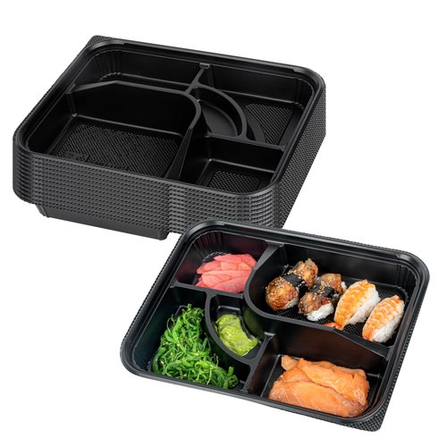 Restaurantware-Bento Tek 26.2 Ounce Meal Prep Containers, 50 Disposable To Go Food Boxes - Lids Sold Separately, 5 Compartments, Black Plastic Bento Lunch Boxes, Microwavable, Freezable