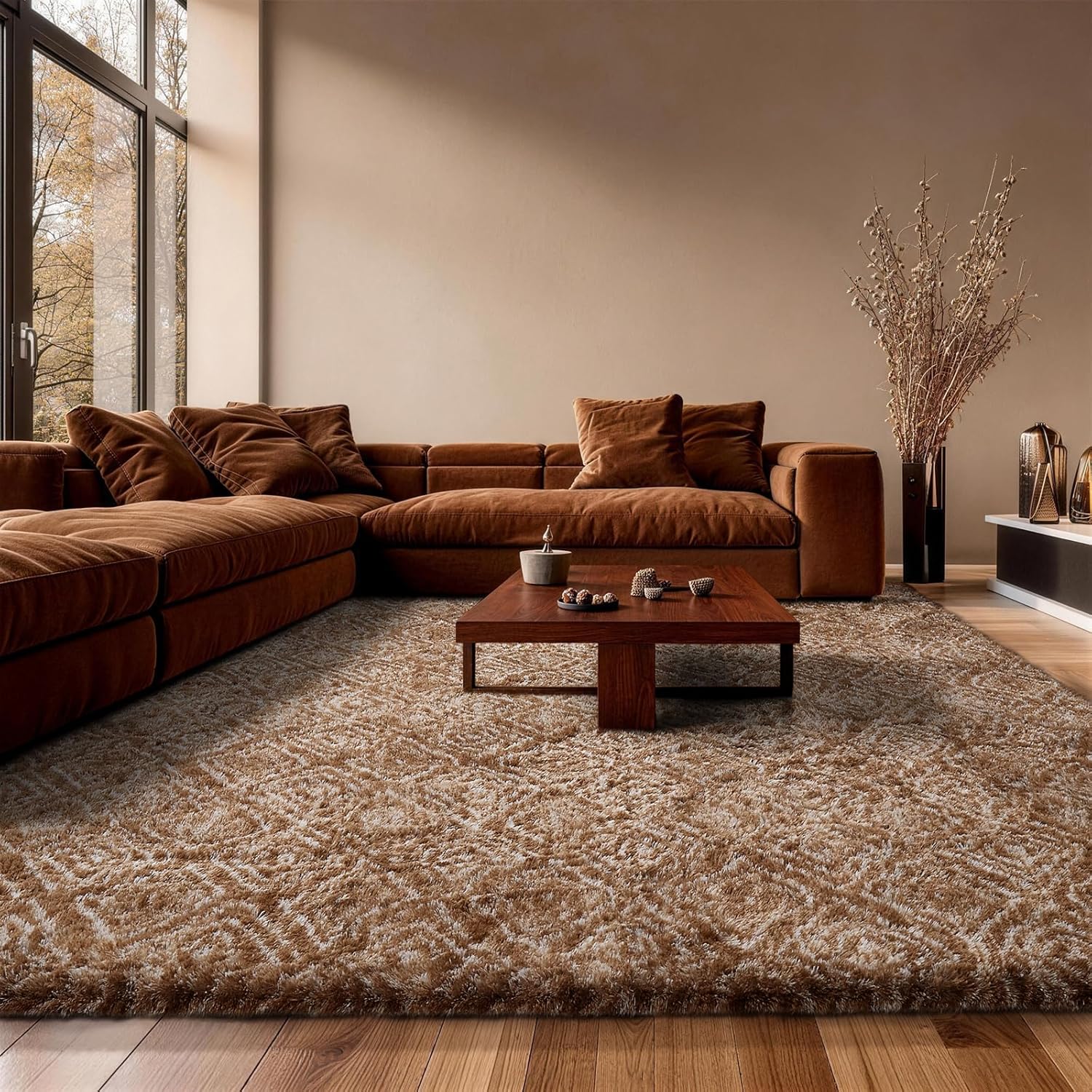 Ophanie Brown & White Diamond Striped Area Rug - Fluffy Shag Soft Carpet for Living Room 9x12