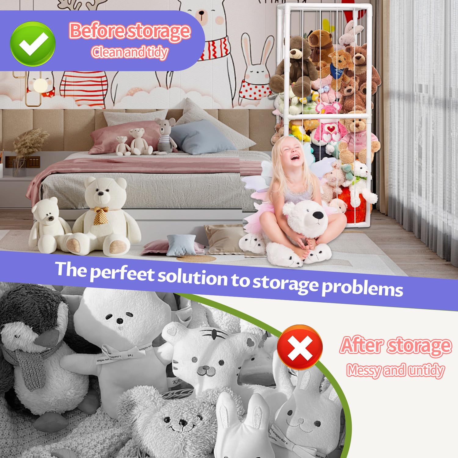BomSaluka Stuffed Animal Storage, Kids Toy Zoo Storage Organizer with Elastic Band, Thicken PVC Tube Large Stuffed Animals Holder for Nursery Playroom Bedroom Room Furniture Plush Storage(White)