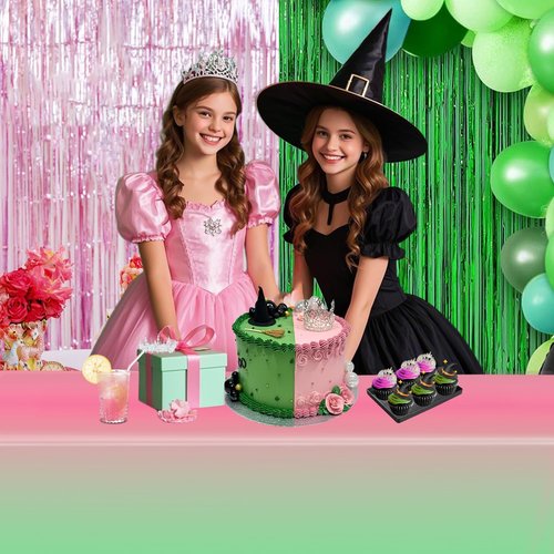 AFZMON 1 Pack Witch Birthday Party Decorations Tablecloth, Pink and Green Disposable Rectangle Plastic Table Decors Cloth for Kids Baby Shower Wedding Party Supplies, 54 x 108Inch