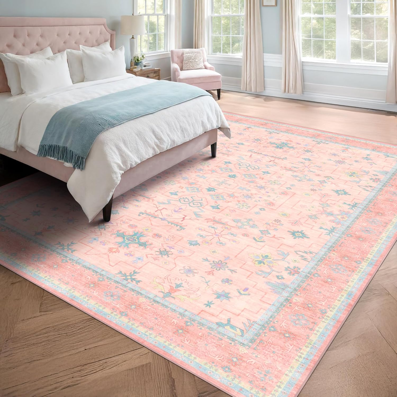 Skiennix Boho Area Rug - Washable Pink & Blue Floral Design | 6x8 ft Soft, Non-Slip Carpet for Kids' Rooms
