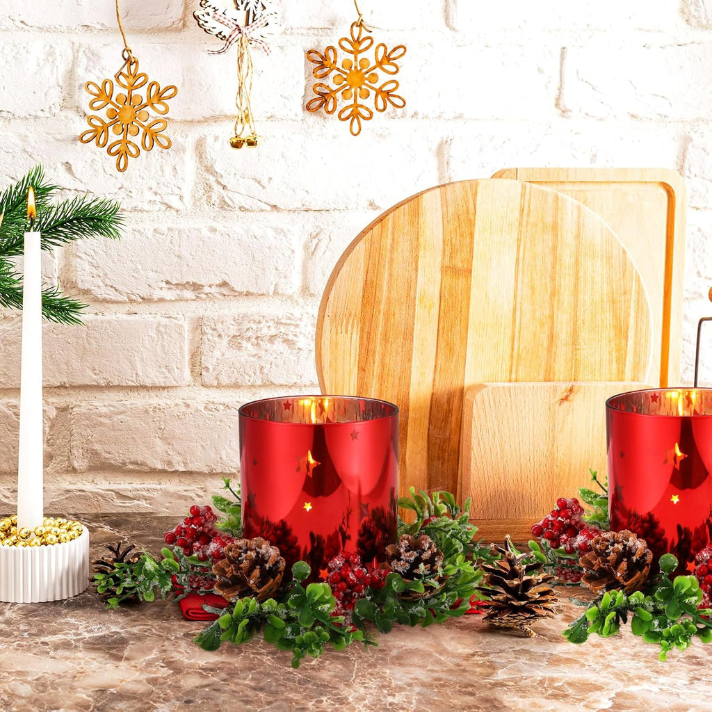 Sliner Christmas Glass Candle Holders - 4 Pcs 4.7 Inch Votive Holders with Berry Ring & Pinecone