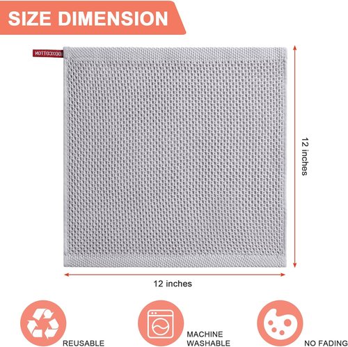 BOOMIBOO Kitchen Dish Cloths - 100% Cotton Waffle Weave, Ultra Soft & Absorbent | 6-Pack, Light Grey, 12x12 Inches