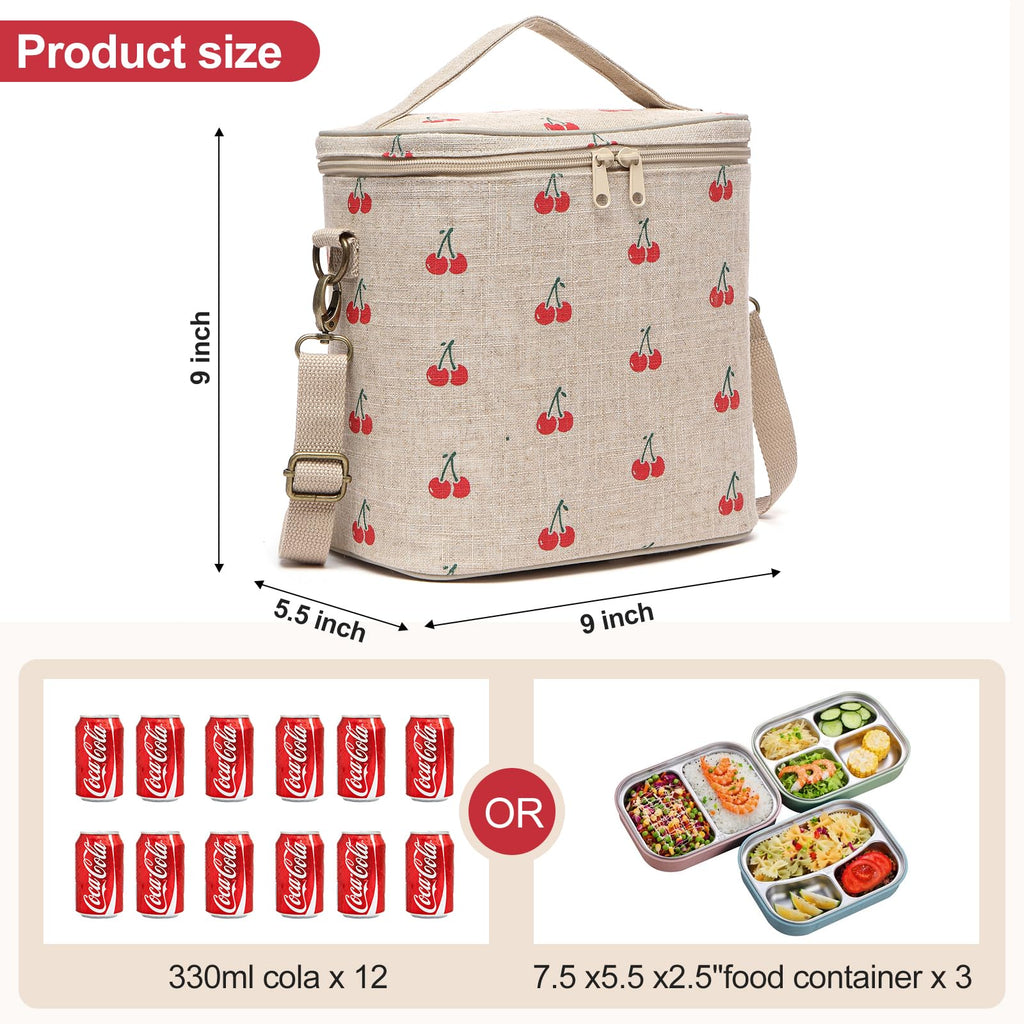 neatlife Lunch Bag for Women, Soft Linen Lunch bag with adjustable shoulder strap, Insulated Womens Lunch Bag for Work, Machine Washable Lunch Box with removable liner (Cherry)