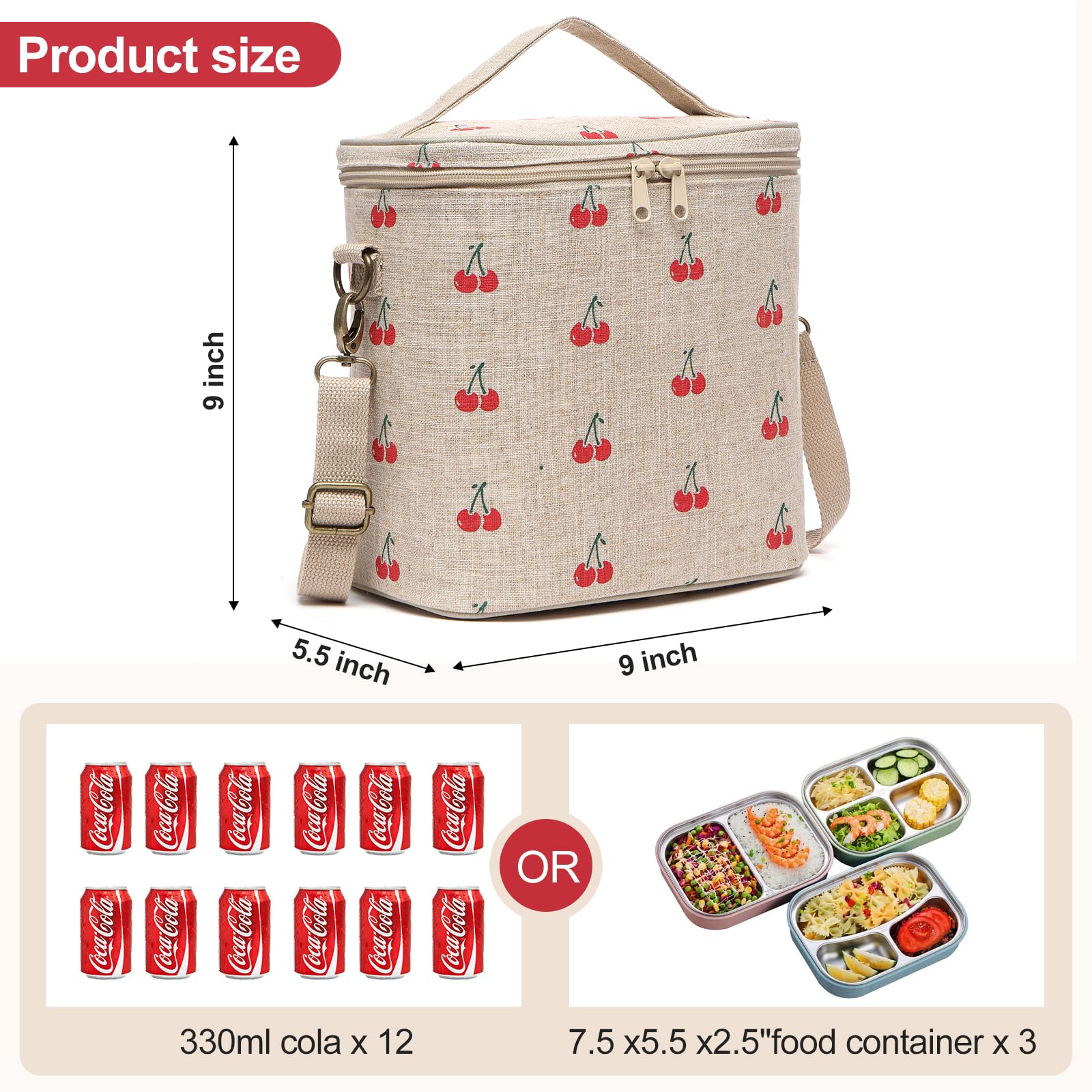 neatlife Lunch Bag for Women, Soft Linen Lunch bag with adjustable shoulder strap, Insulated Womens Lunch Bag for Work, Machine Washable Lunch Box with removable liner (Cherry)