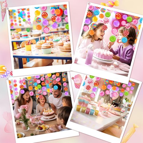 QIUGMYN 8pcs Candy Garland Banner Multi-coloured Paper Cardboard Round Candy Land Theme Birthday Party Decorations