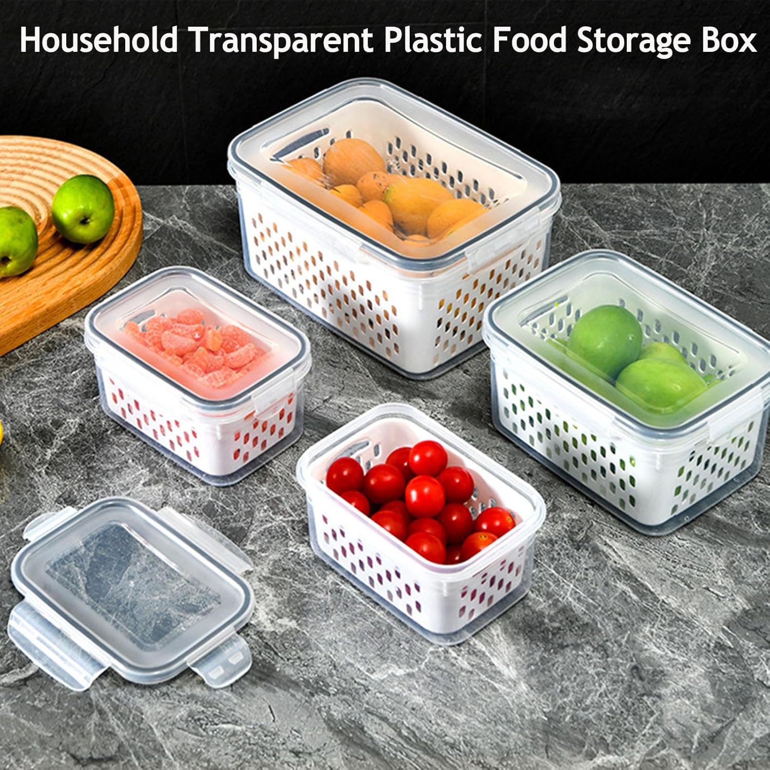 Skiennix Food Storage Containers - 4-in-1 Multipurpose with Removable Colander | Transparent Plastic, Gray (M+L)