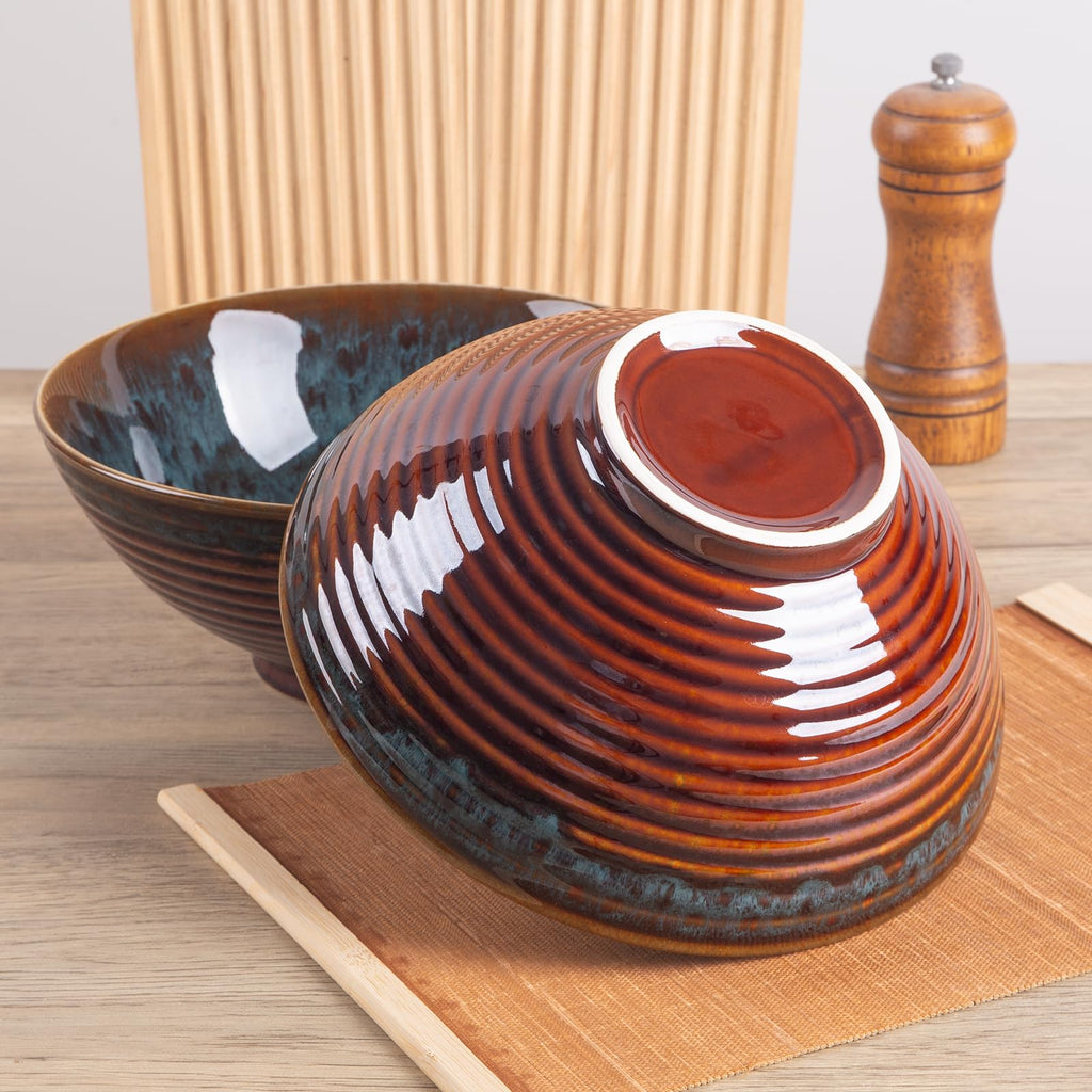 Tacuhy 40oz Japanese Ceramic Ramen Bowl Set of 2 with Chopsticks and Spoons for Pho Udon Asian Soup Noodles (Peacock Tail)