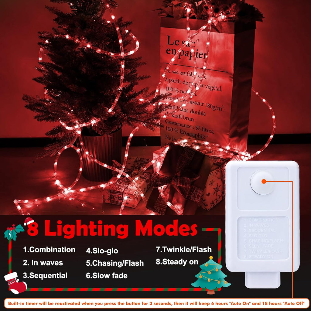 Skiennix 100ft LED Rope Lights - Waterproof & Flexible Tube Lights with 8 Modes | Red Outdoor Decor