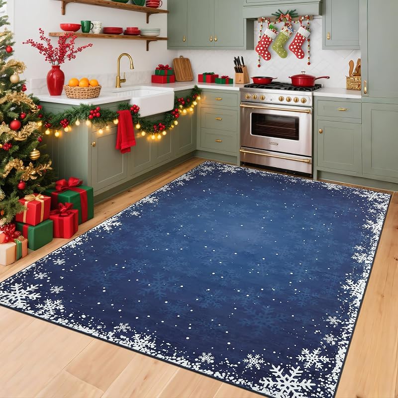 5' x 7' Xmas Snow Blue Non-Slip Area Rug - Machine Washable Holiday Living Room Carpet