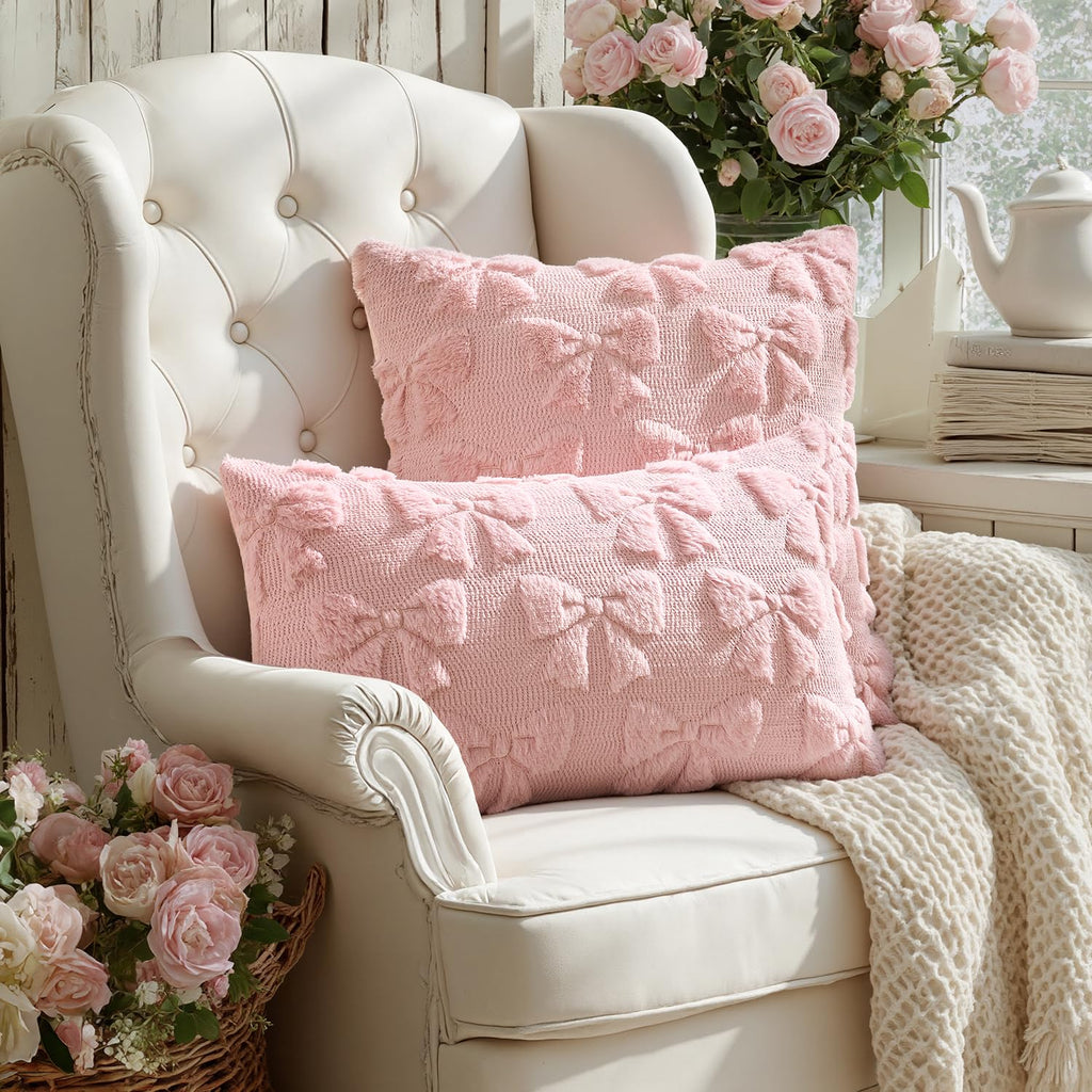 MIULEE Light Pink Bow Pillow Covers Coquette Room Decor Aesthetic Set of 2 Spring Decorative Cute Girl Soft Plush Faux Pillowcase for Preppy Room Decor Bedroom Couch,18x18 Inch