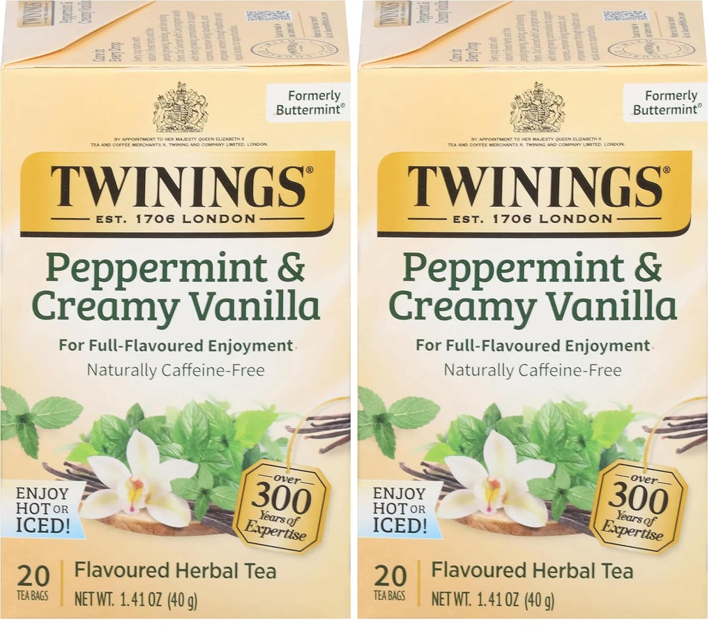 Twinings Peppermint & Creamy Vanilla Herbal Tea - Caffeine-Free, 20 Individually Wrapped Bags (Pack of 2)