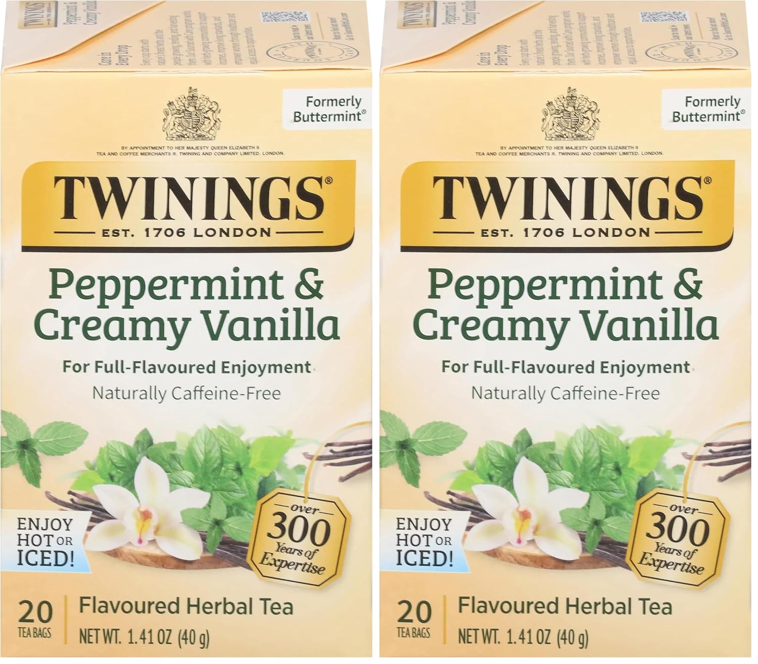 Twinings Peppermint & Creamy Vanilla Herbal Tea - Caffeine-Free, 20 Individually Wrapped Bags (Pack of 2)