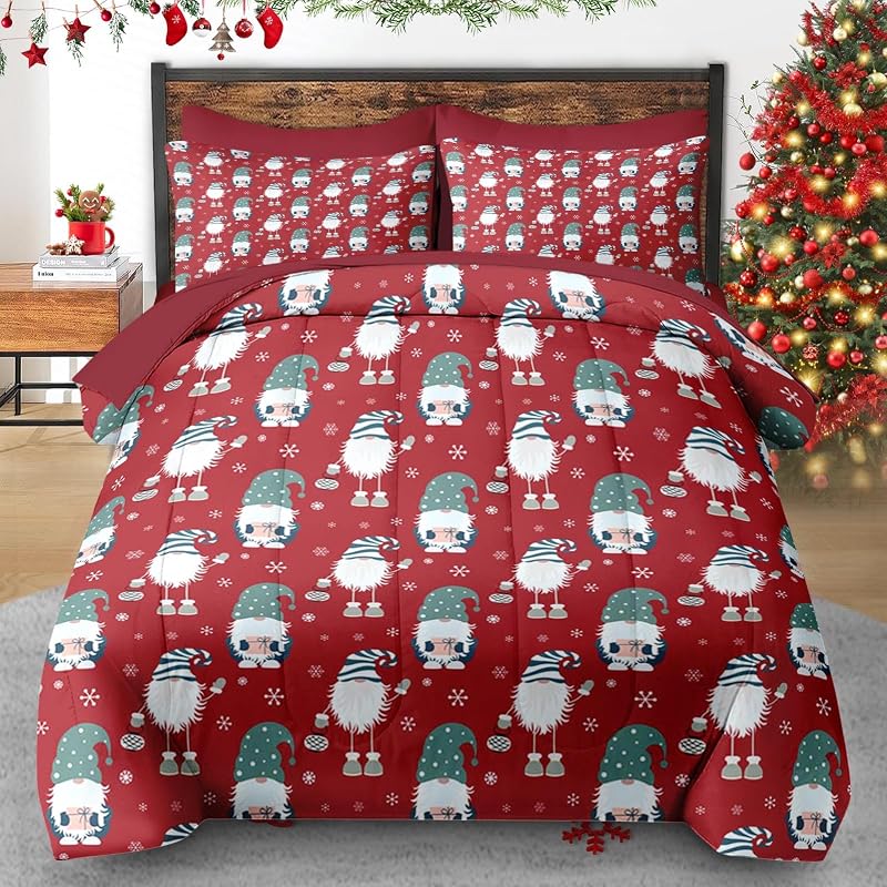 Full Christmas Comforter Set with Sheets - 7-Piece, Merry Christmas Bedding, Gnome Pattern (Variation: Christmas Gnome)