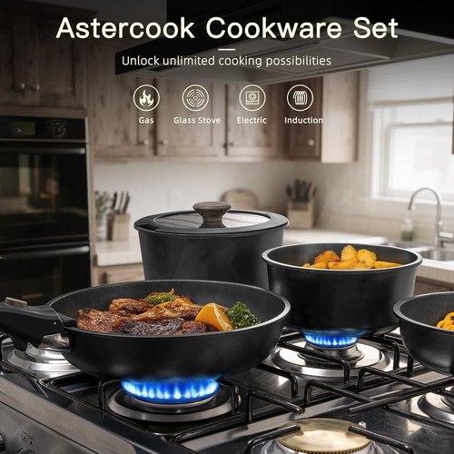 Astercook Non-Stick Ceramic Cookware Set - 21 Pcs, Oven Safe, Induction Ready, Stackable, Black