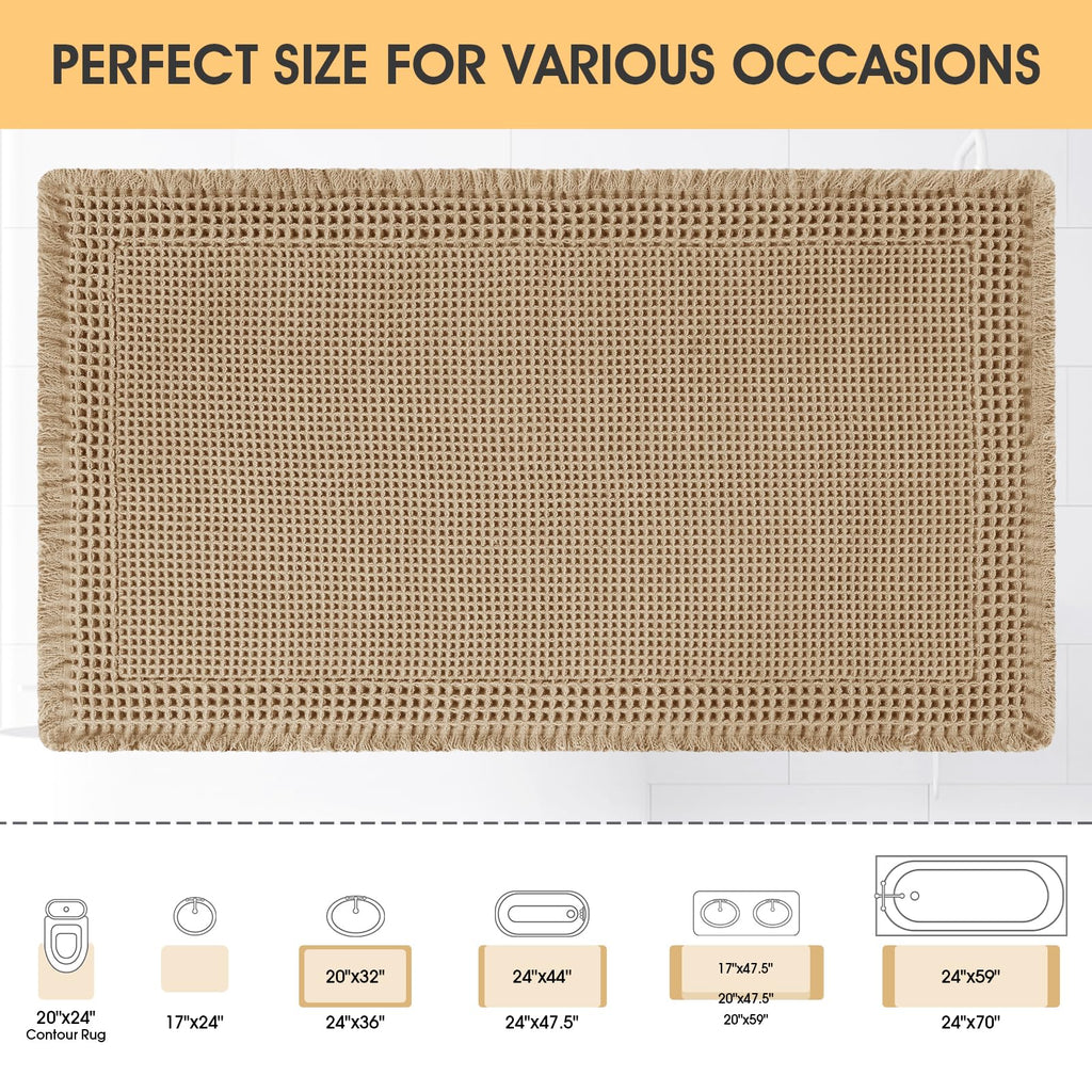 Upgrade Waffle Bath Mat, Boho Bathroom Rugs Absorbent Non Slip, Ultra Soft Bathroom Mat, Machine Washable Knit Bath Rugs with Border for Bathroom, Bedroom, Kitchen, Shower, Tub, 36"x24", Beige