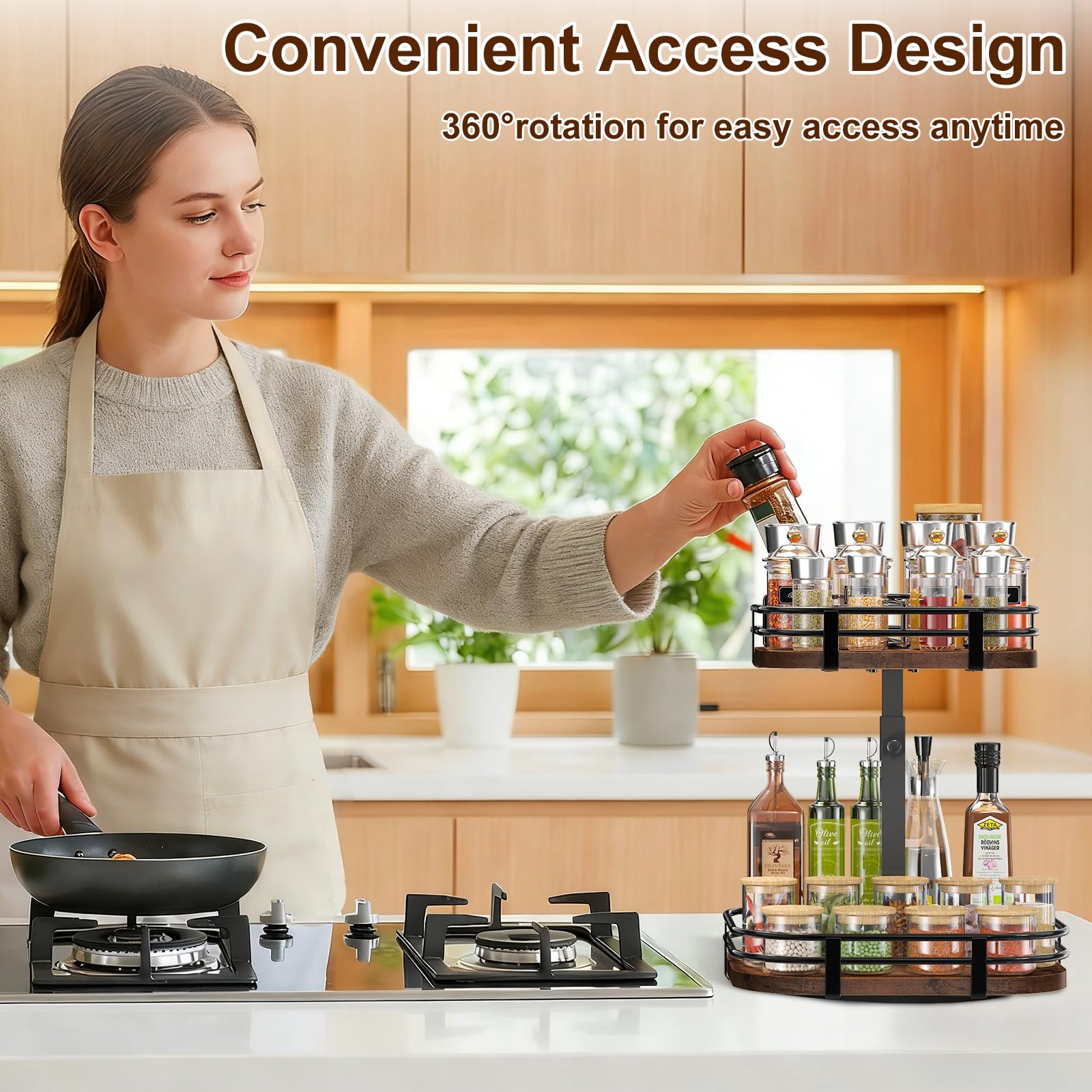 12" Large Lazy Susan Turntable Organizer Adjustable - Rotating Spice Rack for Table Top, 2 Tier Wood Spice Cabinet Organizer for Pantry Kitchen Countertop Coffee Bar Cupboard Bathroom Vanity Storage