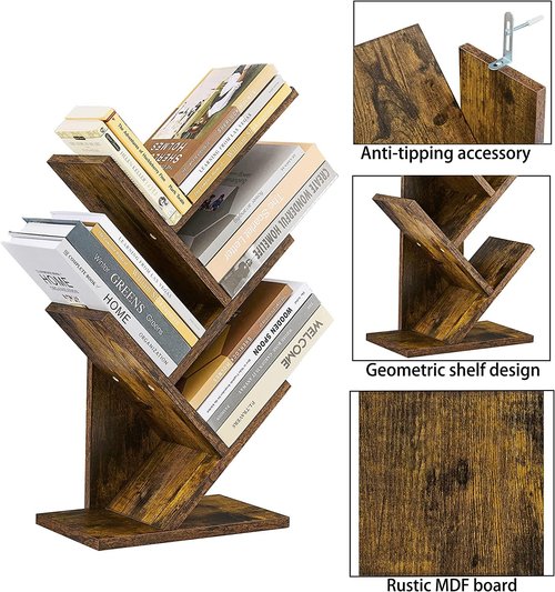 Hoctieon 4 Tier Tree Bookshelf, 4 Shelf Bookcase, Modern Book Storage, Free Standing Tree Bookcase, Utility Organizer Shelves for Home Office, Living Room, Bedroom, Rustic Brown