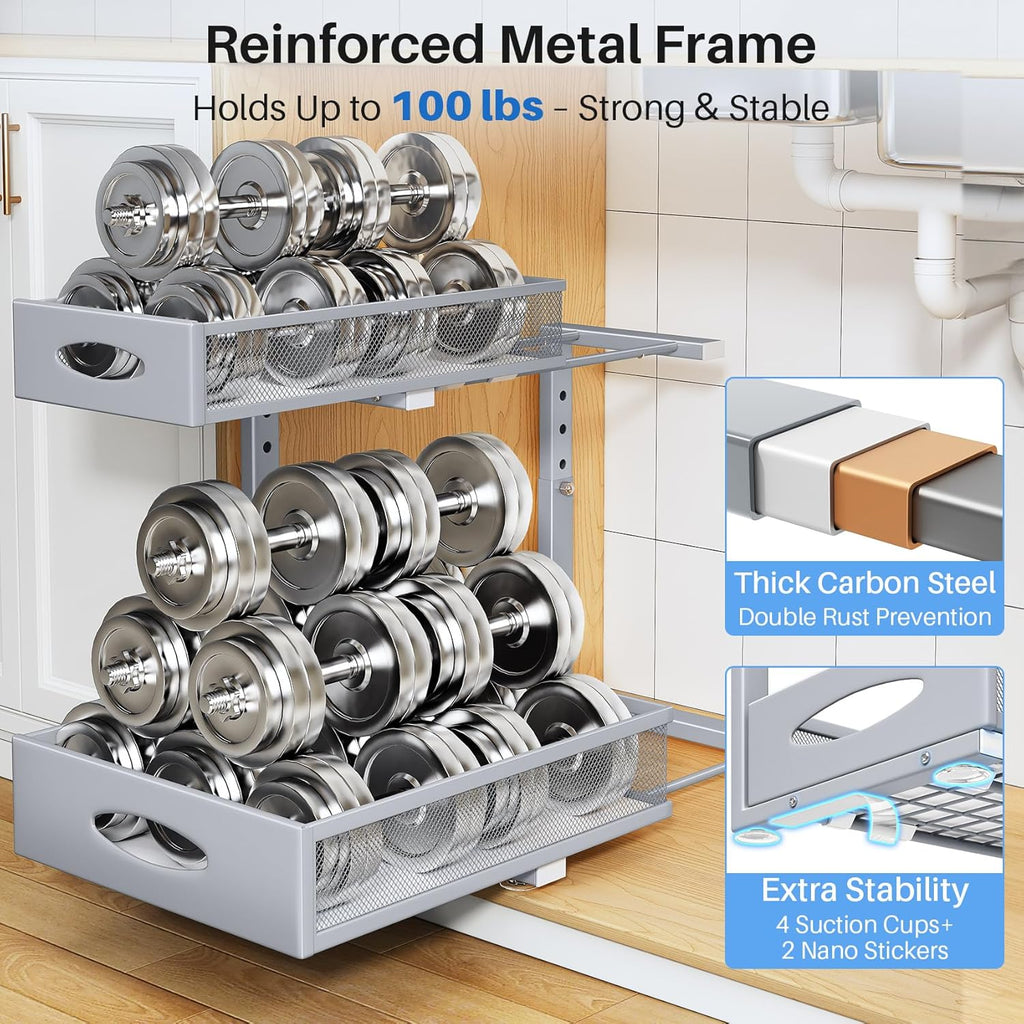 Under Sink Organizer by [Brand Name] - 2 Pack 2 Tier Pull Out Cabinet Storage with Mesh Drawers | Grey