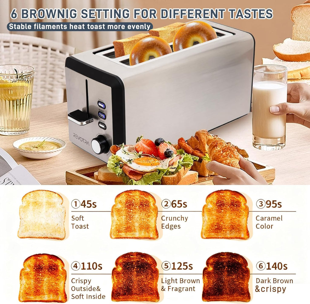 Regine Switzerland 4-Slice Stainless Steel Toaster - Extra Wide 1.5” Slots, 6 Shade Settings, Even Toasting