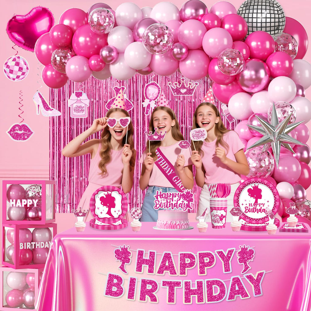 276PCS Hot Pink Birthday decorations Tableware Set Serve 20 Guests, Glitter Happy Birthday Banners, Hanging Swirls, Backdrops, Foil Balloons, Tableware Set, Photo Props for Girls