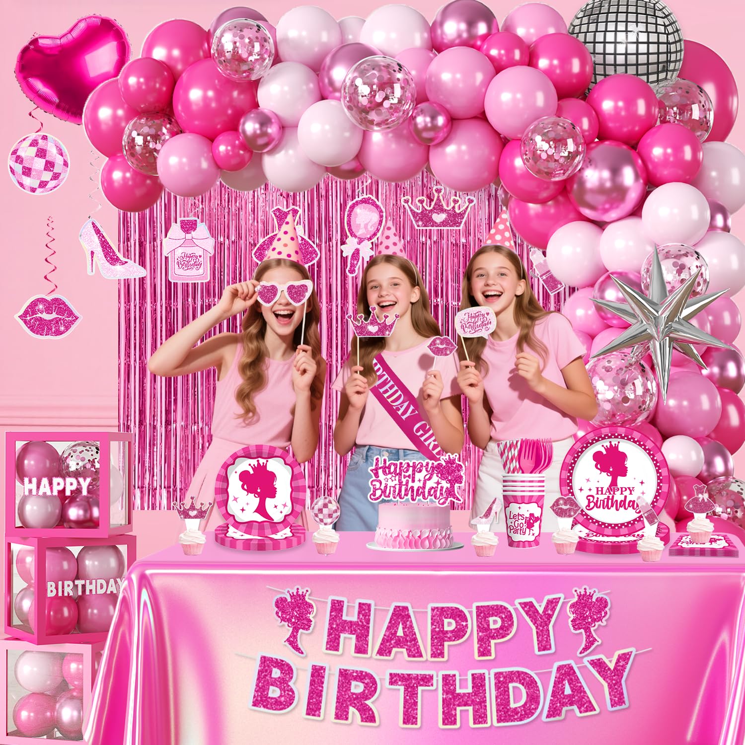 276PCS Hot Pink Birthday decorations Tableware Set Serve 20 Guests, Glitter Happy Birthday Banners, Hanging Swirls, Backdrops, Foil Balloons, Tableware Set, Photo Props for Girls