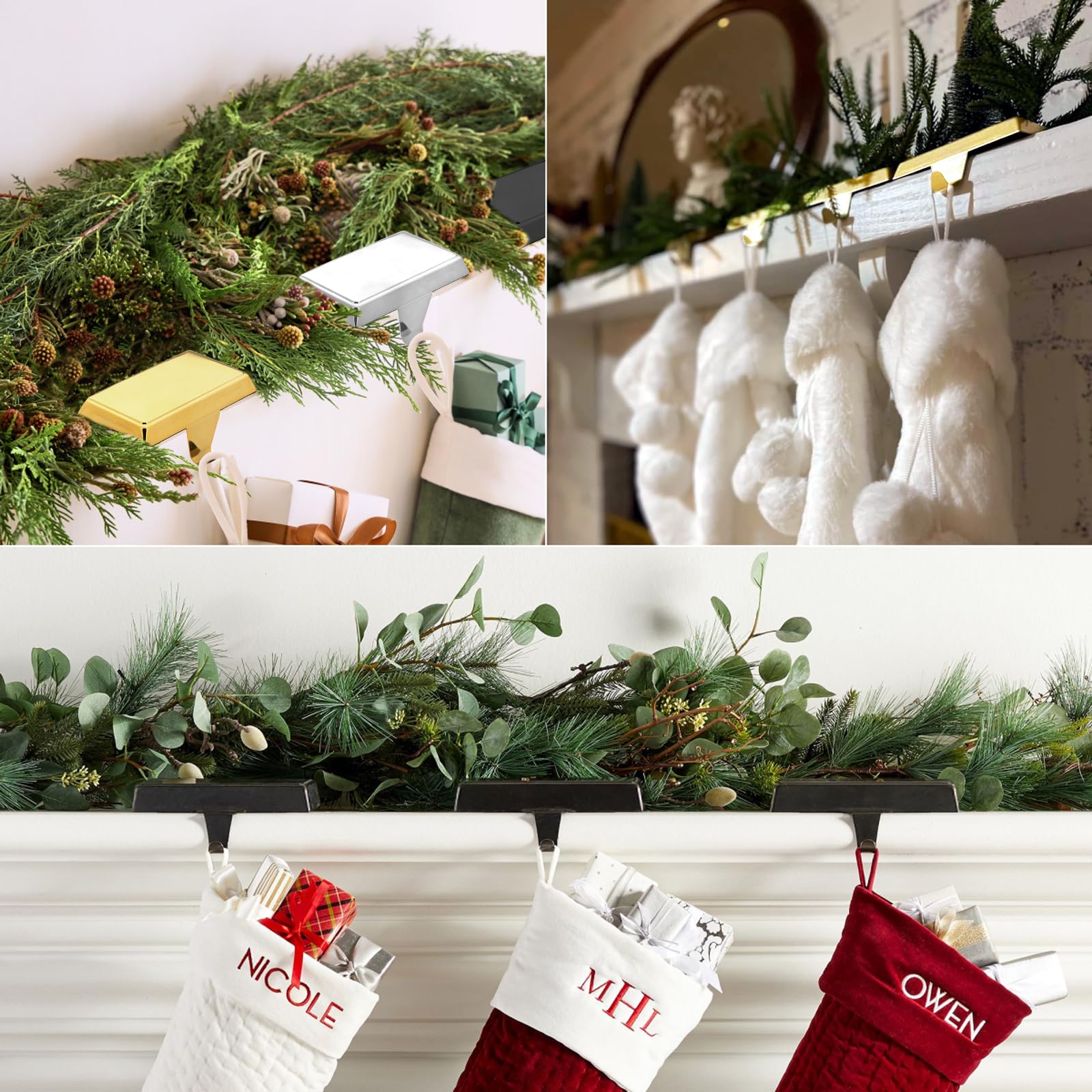 Btanadi Stocking Holders for Mantle Set of 6, Metal Christmas Stocking Holder, Weighted Stocking Hangers with Non-Slip Protective Pad, Mantle Garland Hanger for TV Stand | Staircase | Dresser