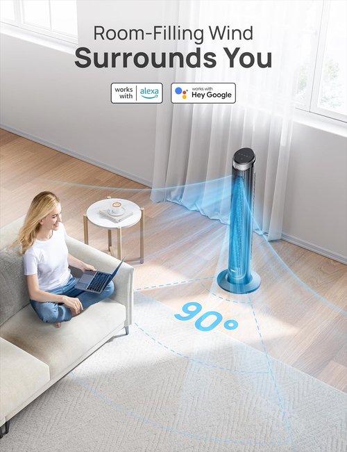 DREO Smart Tower Fan - 90° Oscillating 40" Standing Fan with 5 Speeds & Quiet Operation | Voice Control, Silver