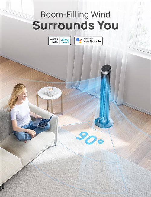 Dreo Smart Tower Fans for Bedroom, 90° Oscillating Fans for indoors, 5 Speeds 4 Modes Max 26ft/s, 12H Timer, LED with Touch, Remote Control, 40" Quiet Bladeless Standing Floor Fan for Home Office