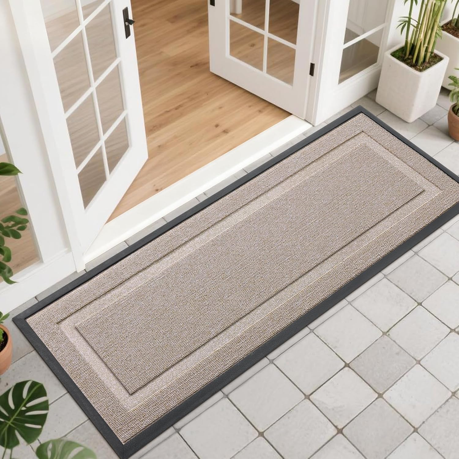OLANLY Indoor Outdoor Front Door Mat - Waterproof All-Season Doormat | Sturdy Natural Rubber, 47x17, Camel