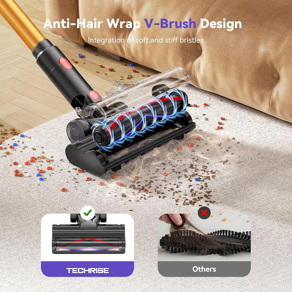 TechRise Cordless Vacuum Cleaner - 500W Stick Vacuum with Anti-Tangle Brush & 60-Minute Runtime for Home Use