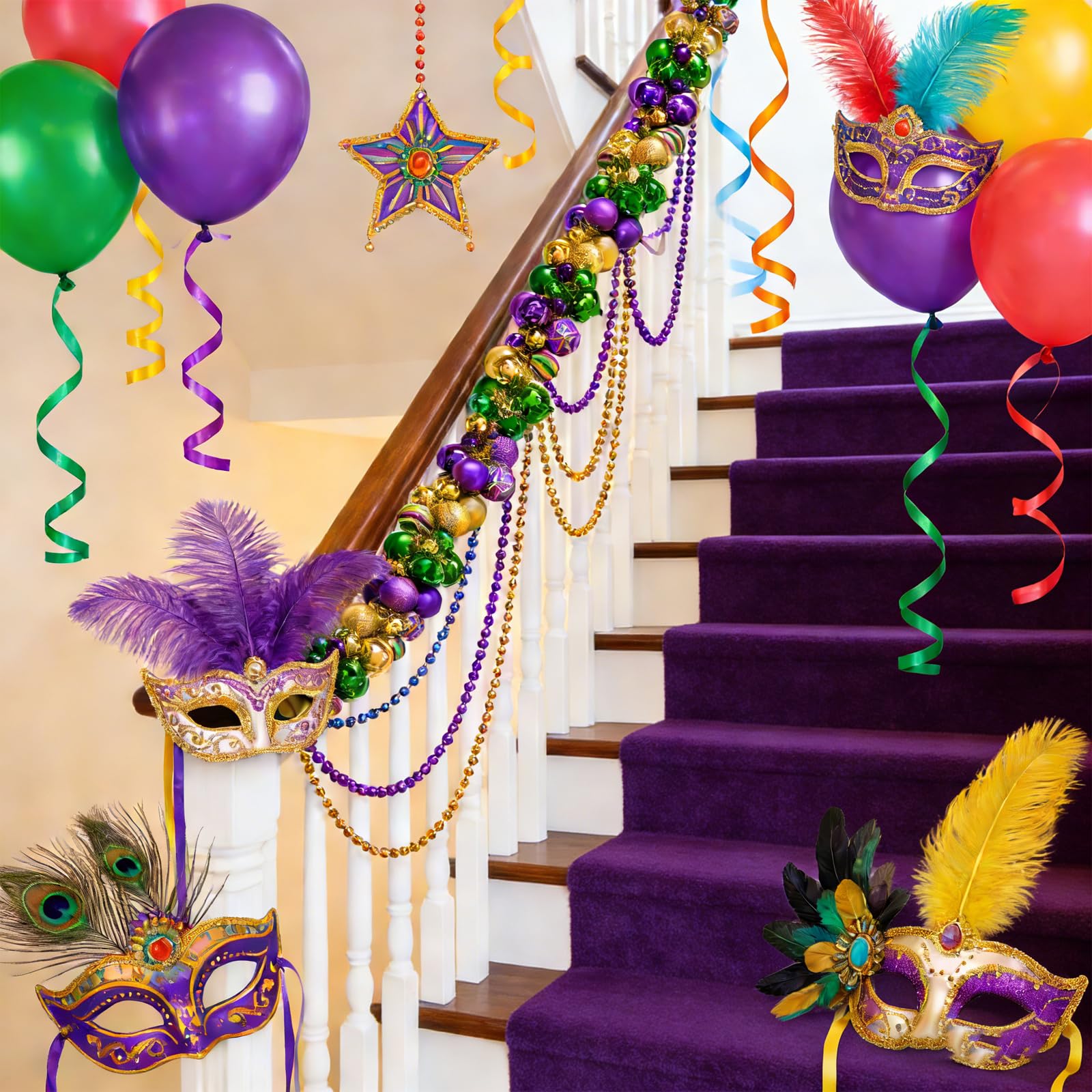 6 Ft Mardi Gras Garland with Purple Green Gold Glitter Balls, Carnival Bead Decor for Front Door, Mantel, Wall and Fireplace, Festive Fat Tuesday Indoor Outdoor Party Supplies