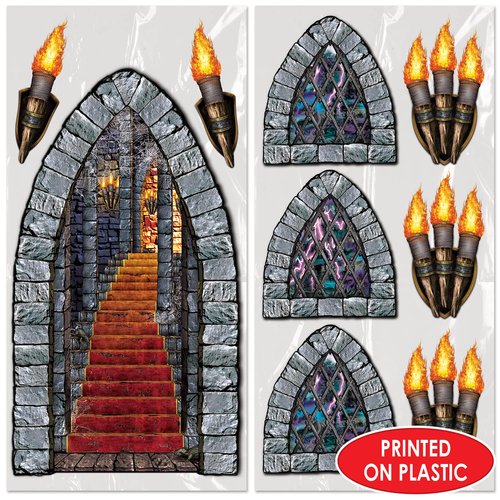Beistle Medieval Stairway, Window & Torch Props 27 Image Set – Gothic Haunted Castle Plastic Cutouts for Halloween Parties, Dungeon Themes and Spooky Wall Decorations – 18" to 60"