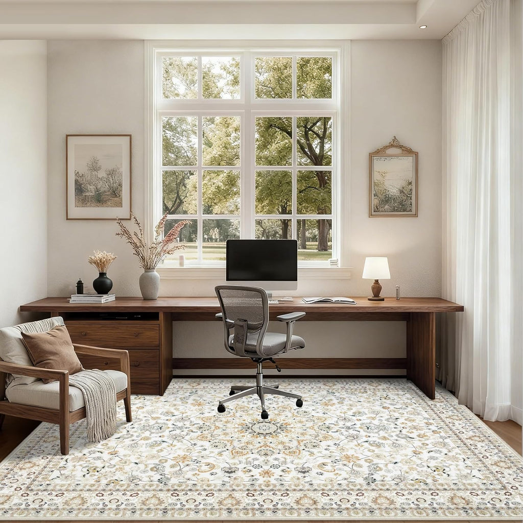 Skiennix 5x7 Area Rug - Washable Vintage Boho Design | Soft, Stain-Resistant Carpet for Living Room, Bedroom, and Office - Beige