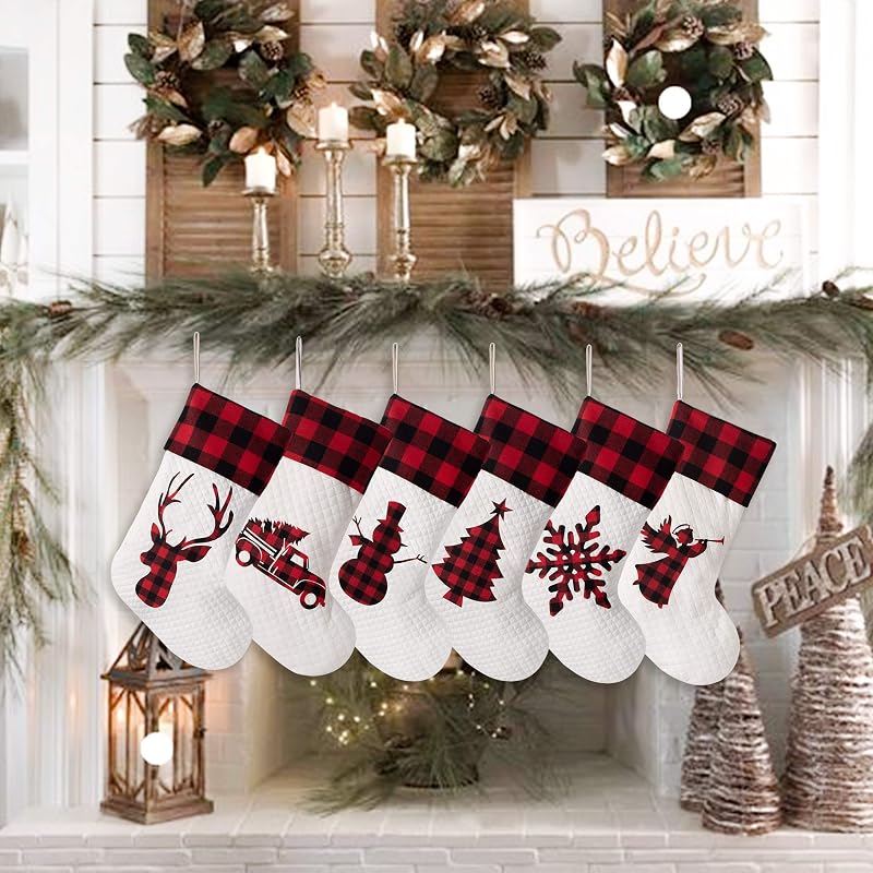 Set of 4 20in Christmas Stockings – Buffalo Plaid Rustic Farmhouse Cotton with White Variation