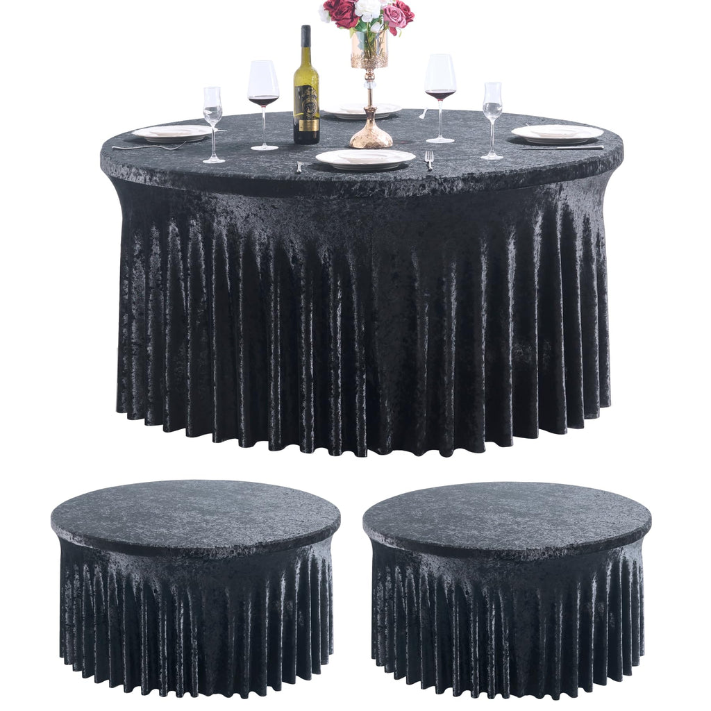 Outpain 2Pack 60 Inch Round Velvet Tablecloths - 120 Inch Stretch Spandex Table Cover with Floor-Length Skirt, Wrinkle-Free Luxury Elastic Table Cloths for Weddings,Banquets,Events (Black)