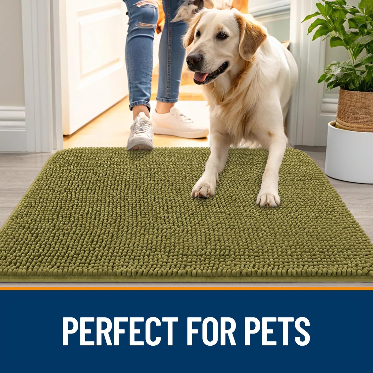 OLANLY Dog Door Mat - Absorbent Non-Slip Washable Doormat for Muddy Paws | 47x24, Willow Green