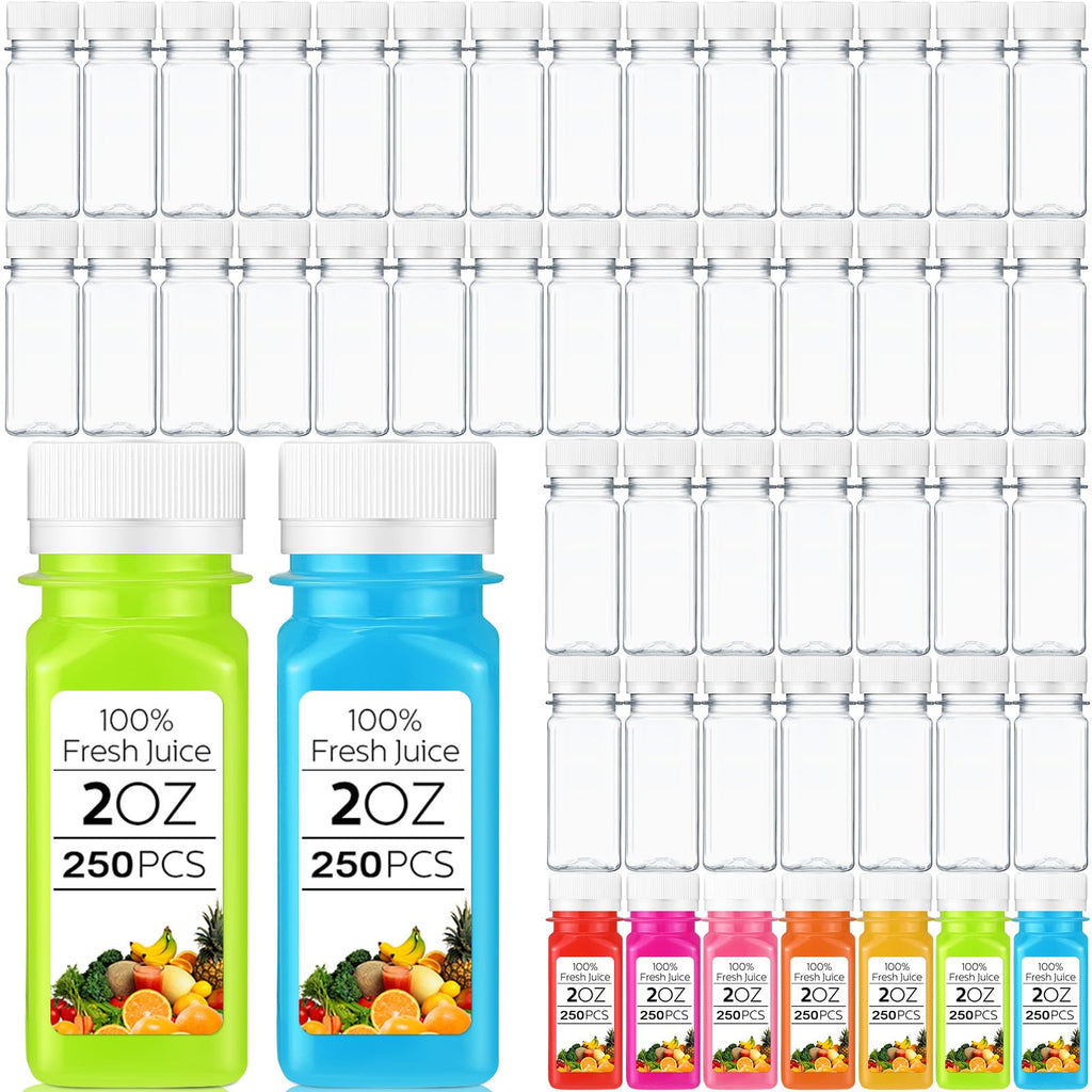 Sliner 250 Pcs 2oz Small Plastic Juice Bottles Ginger Juice Bottle with Lids Liquid Vial Reusable Clear Beverage Container with Lid, Freezer Safe, Leak Proof for Milk, Water
