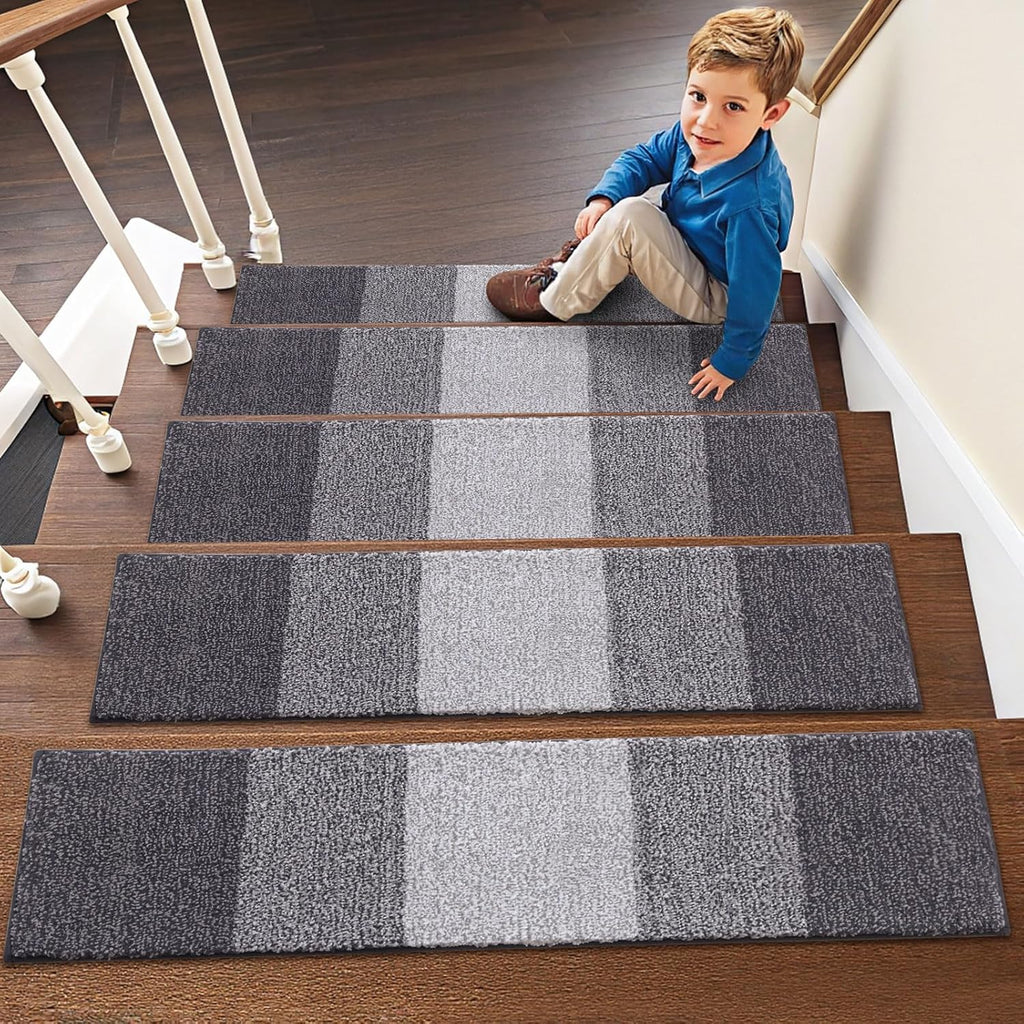 OLANLY Non-Slip Stair Treads - 15PCS Indoor Stair Runners for Wooden Steps | 8" x 30" Grey Edging Rugs with Reusable Peel and Stick Adhesive for Safety