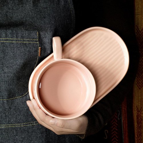 Artena Soup and Sandwich Plate Combo - 16 oz Ceramic Bowls with Handles & 9.85-inch Soft Pink Plates
