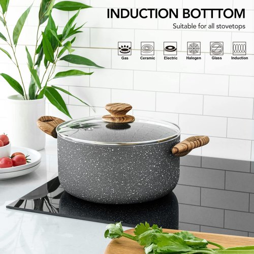 MICHELANGELO 5 Quart Stock Pot with Lid, Nonstick Soup Pot for Cooking, Non Stick Stockpot with Ergonomic Handle, Induction Compatible, Grey Granite