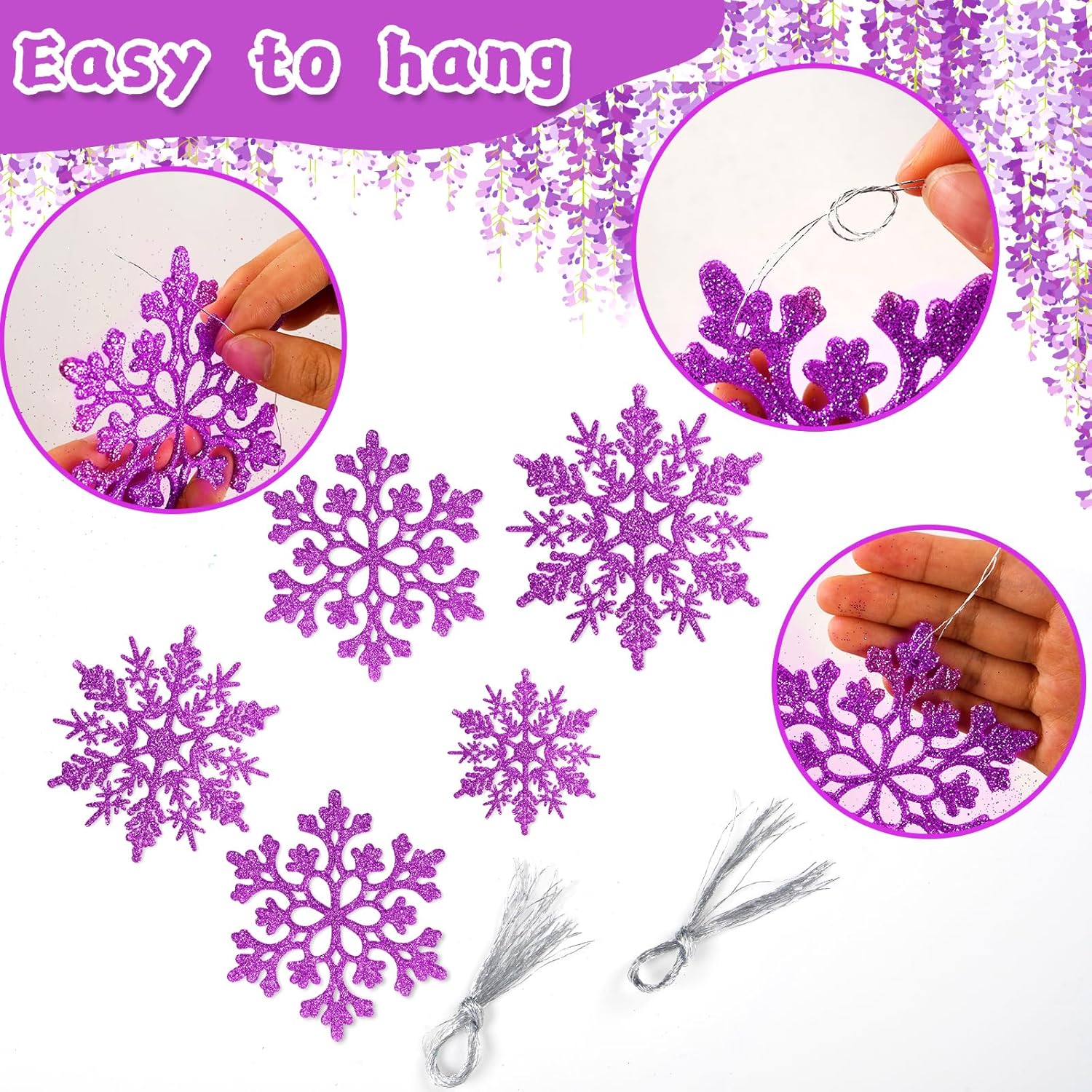 Skiennix 36pcs Christmas Light Purple Snowflake Ornaments - Plastic Hanging Decor for Winter Wonderland