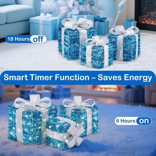 Blue Christmas Decorations, 140 LEDs Set of 3 Lighted Gift Boxes with 8 Modes, Bows, Timer, Warm White Present Boxes for Indoor Outdoor Holiday Party Yard Bedroom Home Xmas Decor