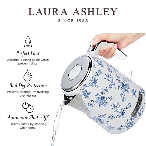 Laura Ashley Stainless Steel Electric Kettle 1.7 Liter - 1500W Rapid Boil Electric Kettles for Boiling Water - Electric Tea Kettles Automatic Shut Off - Overheat & Boil Dry Protection Jug Kettle