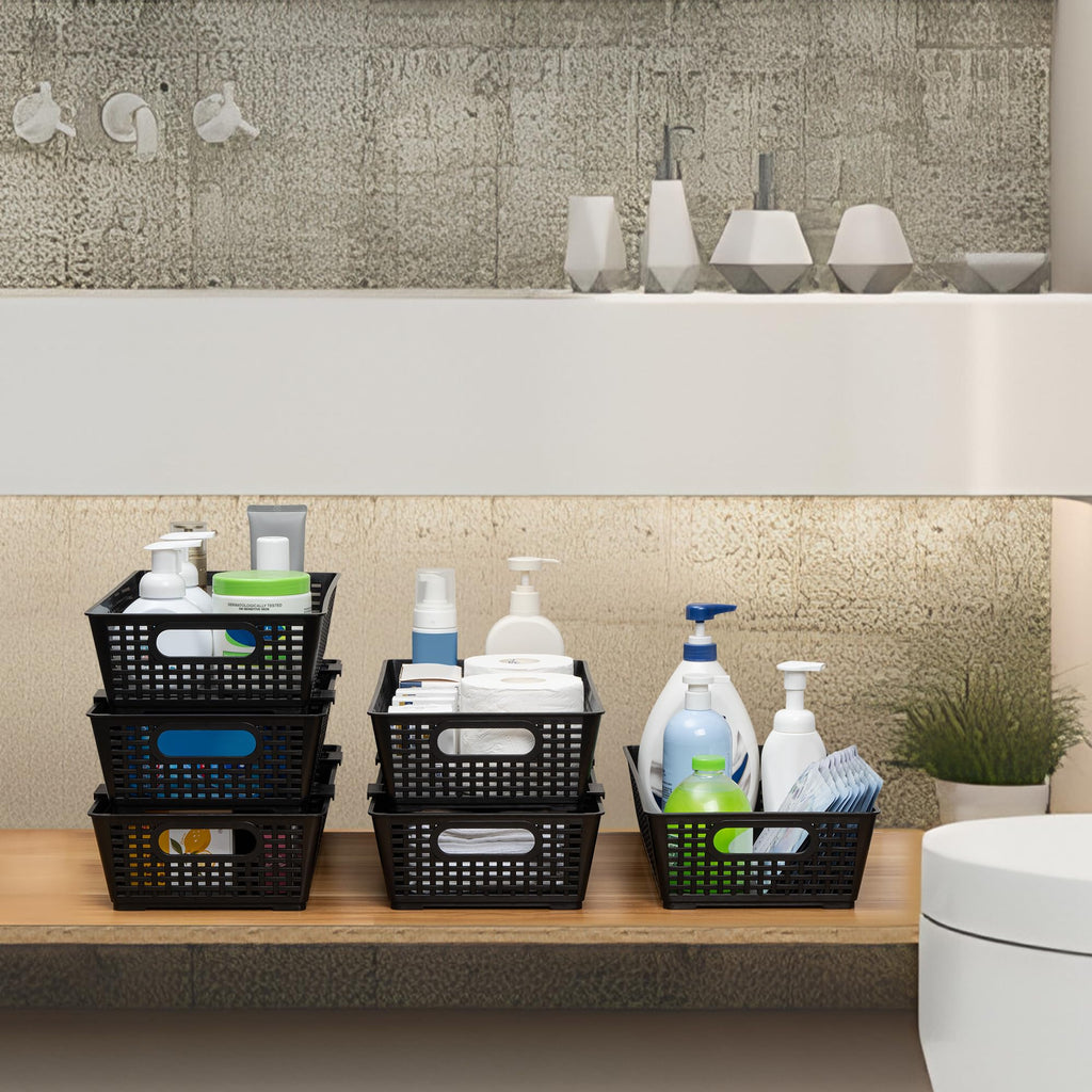 Tiawudi Stackable Woven Plastic Basket, Storage Bins for Cabinet, Closet, Shelf, Under Sink and Countertop, Pantry Organizer Bins, 6 Pack