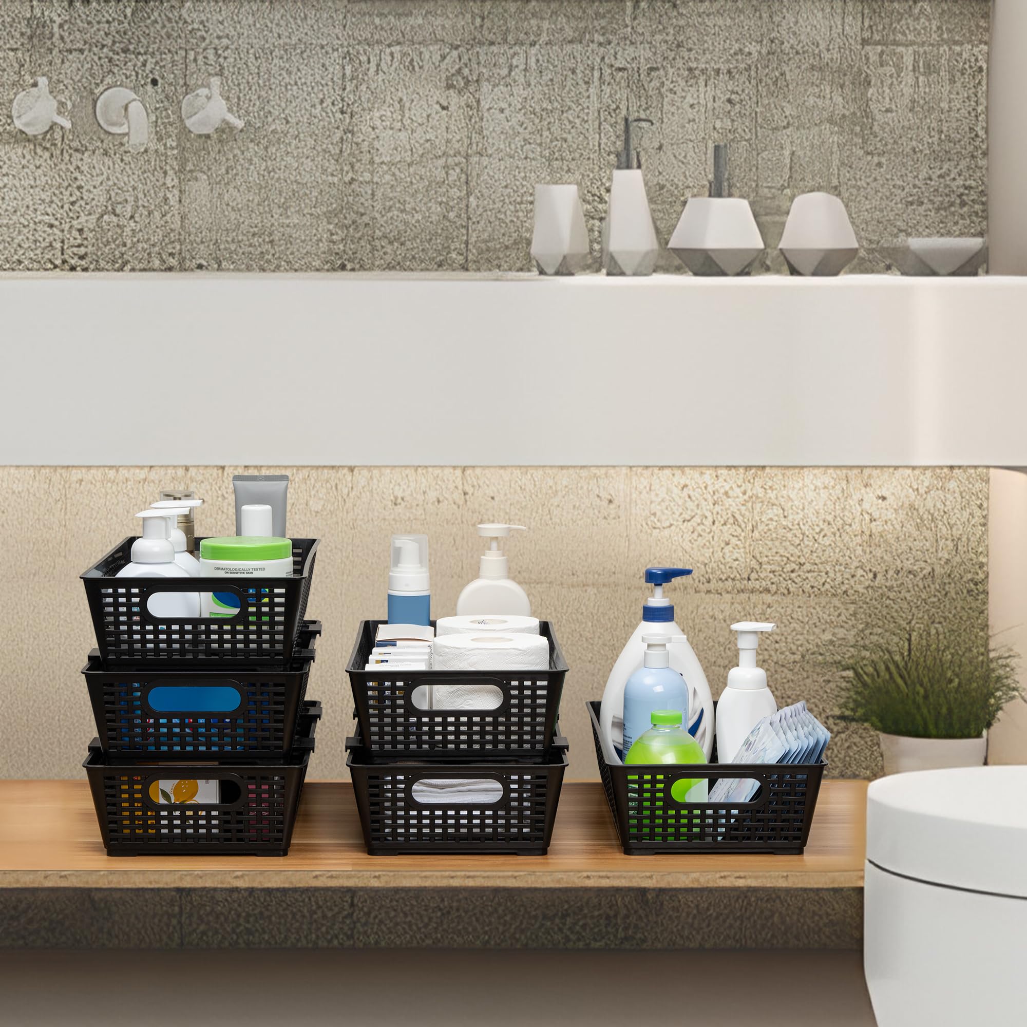 Tiawudi Stackable Woven Plastic Basket, Storage Bins for Cabinet, Closet, Shelf, Under Sink and Countertop, Pantry Organizer Bins, 6 Pack